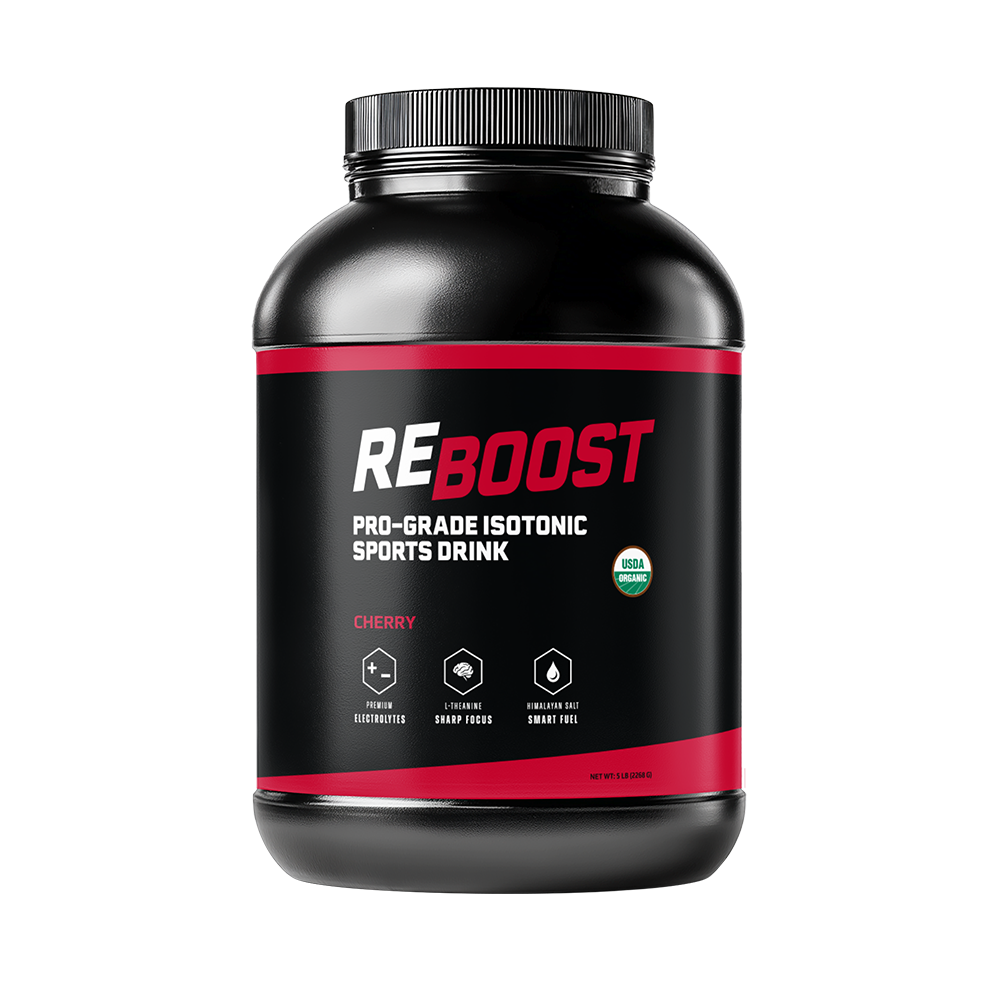 Cherry (Electrolyte Powder) Black and red container of Reboost sports drink on a white background